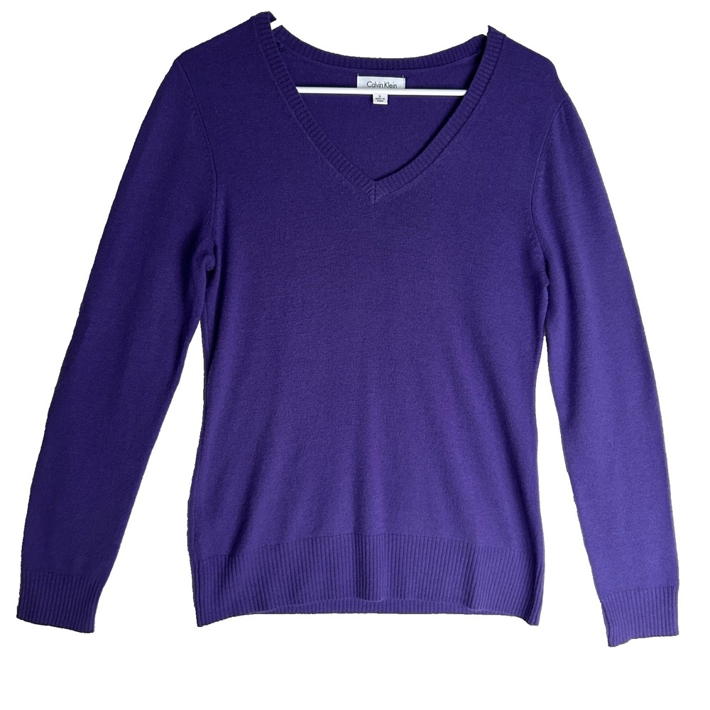 Calvin Klein Cashmere Wool Sweater Womens S Knit V Neck Pullover Violet Luxury
